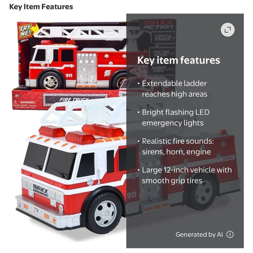 Maxx Action Large Fire Truck Toy Lights Sounds Friction Motor 12 Inch 911 Red